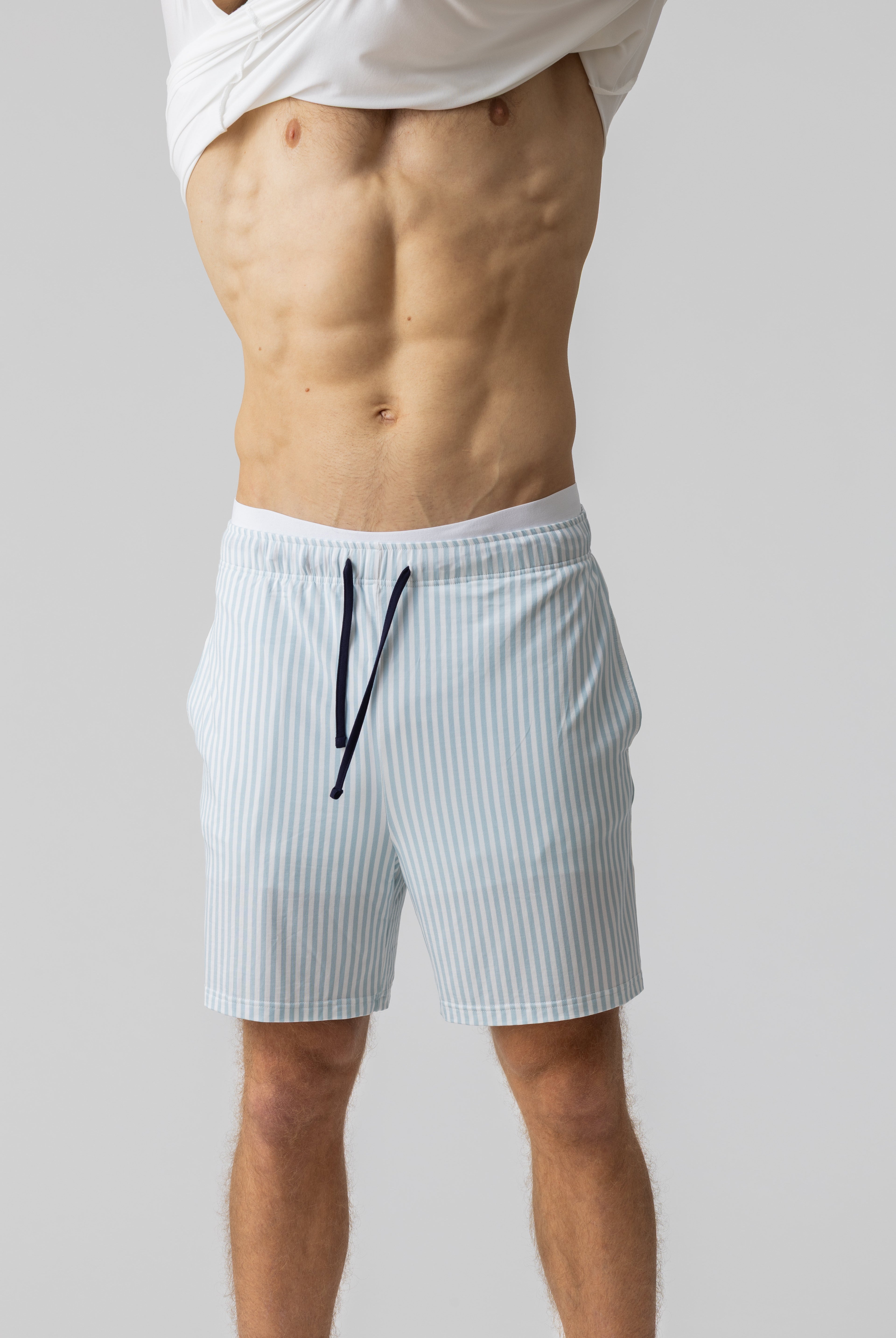 Harbour blue striped modal shorts – lightweight cooling lounge shorts, close-up detail