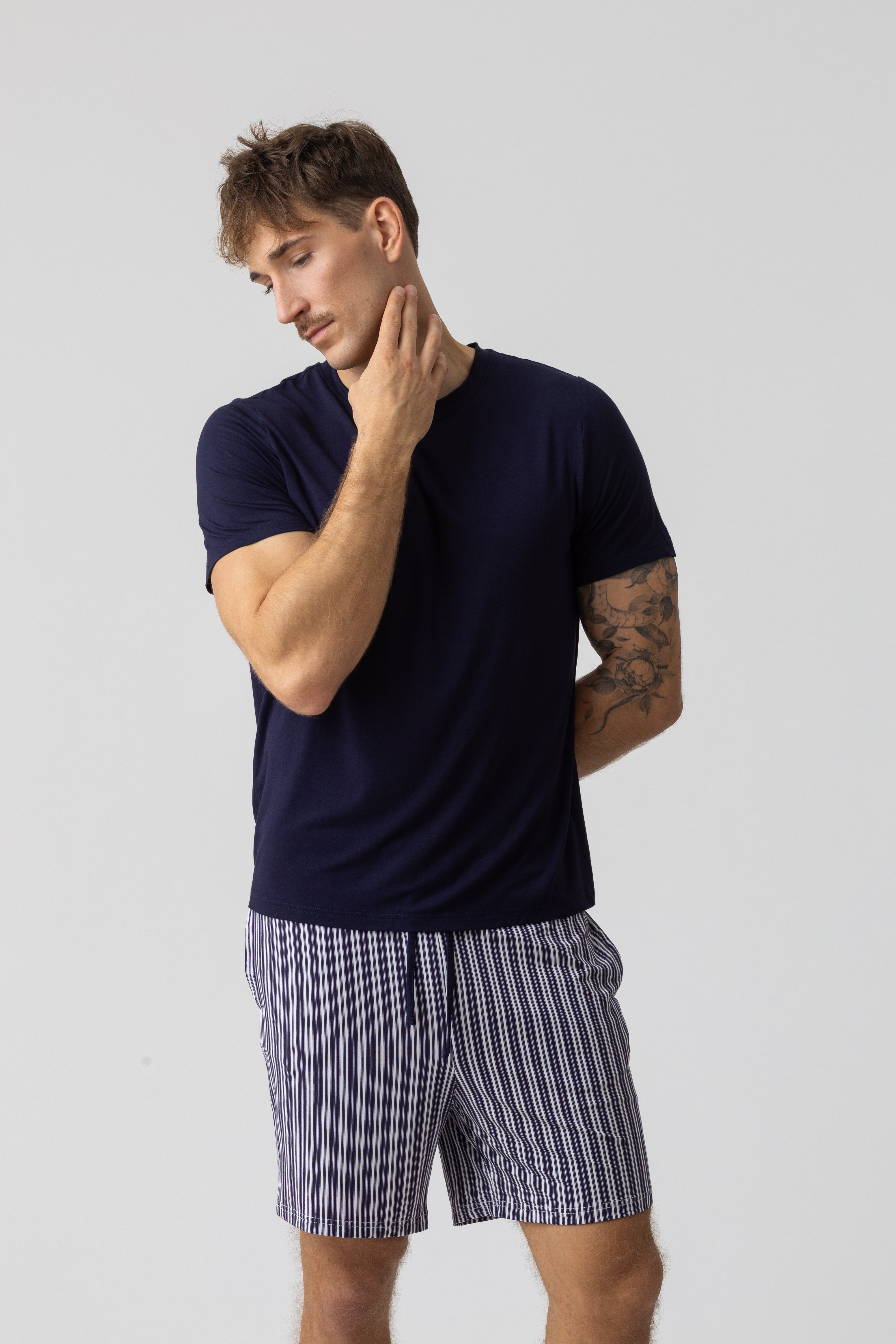 Harbour men’s modal shorts in white and navy stripes – relaxed fit loungewear, front view