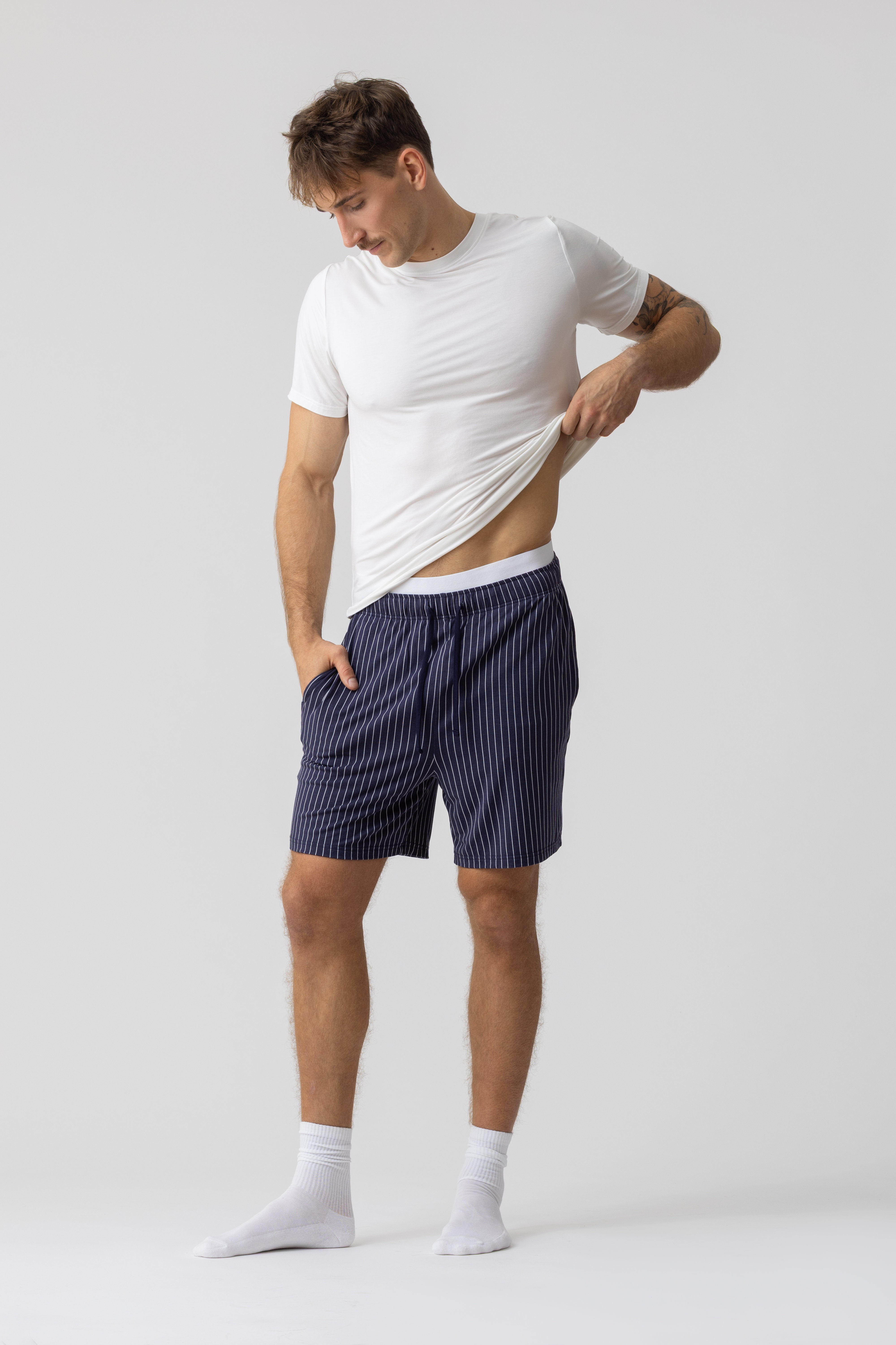 Harbour men’s pinstripe modal shorts – navy striped relaxed fit, front view