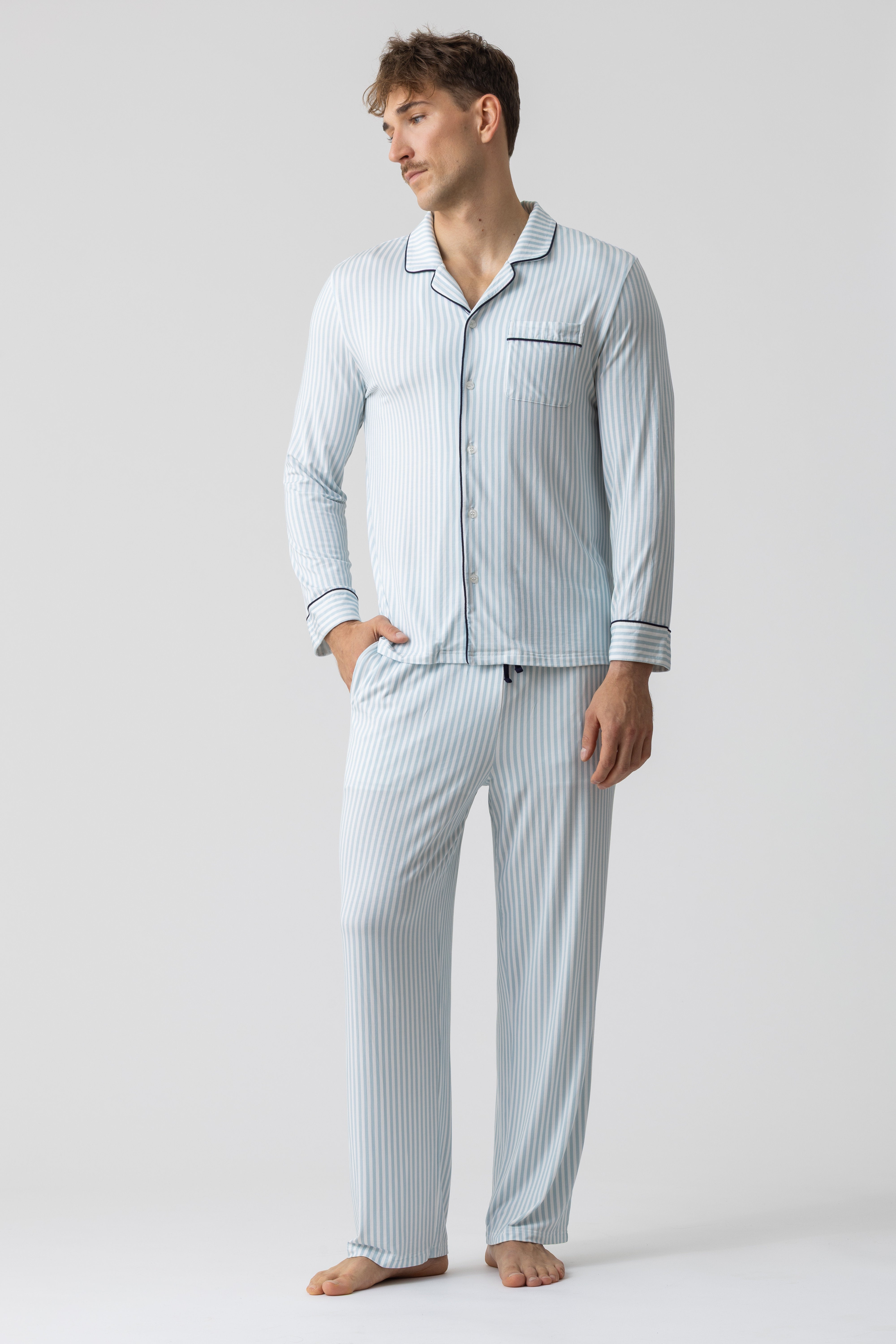 Men’s striped modal pajama set by Harbour – long sleeve, blue and white stripes with navy piping, front view
