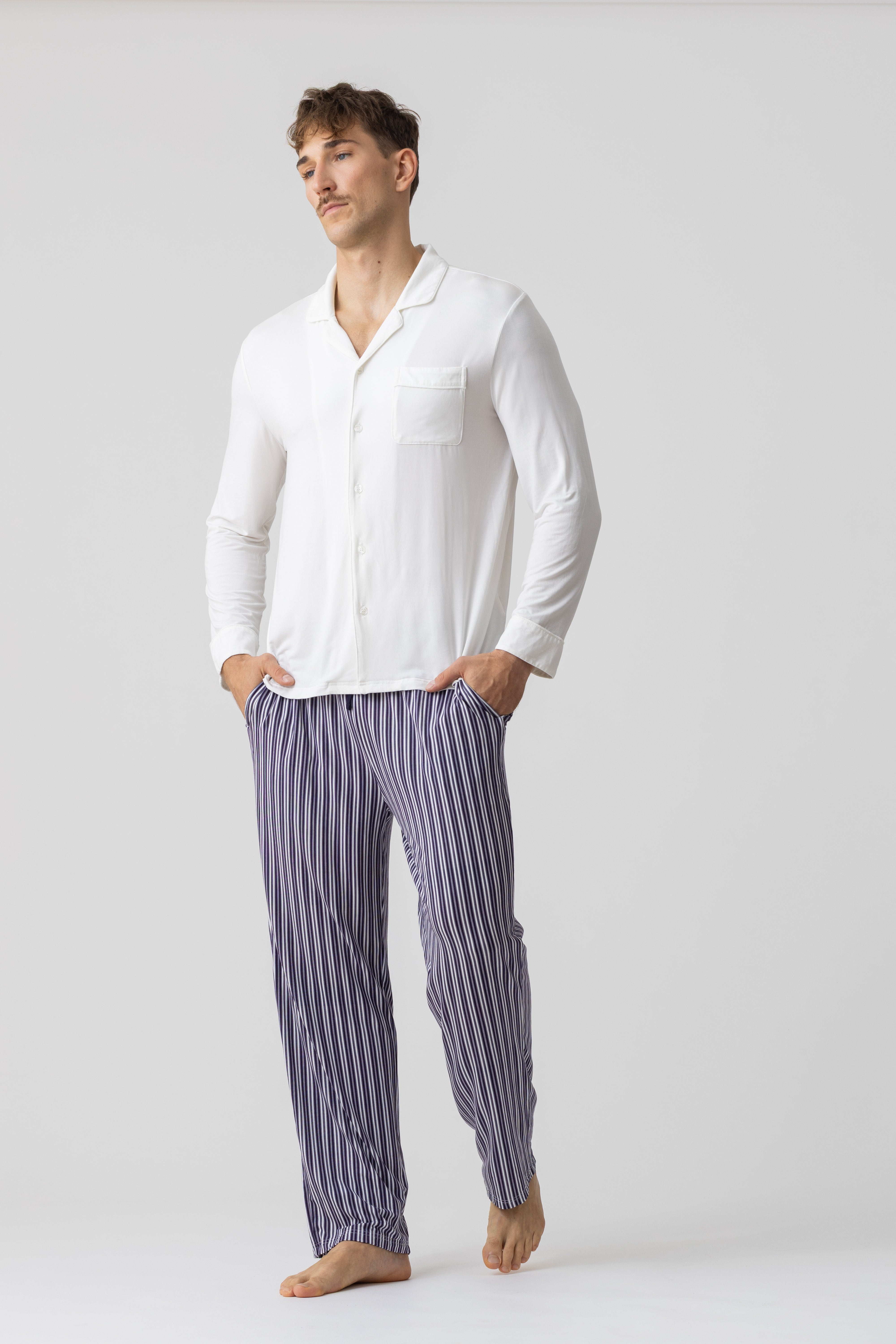 Harbour men’s modal pajama set – white long sleeve shirt with navy pinstriped trousers, front view