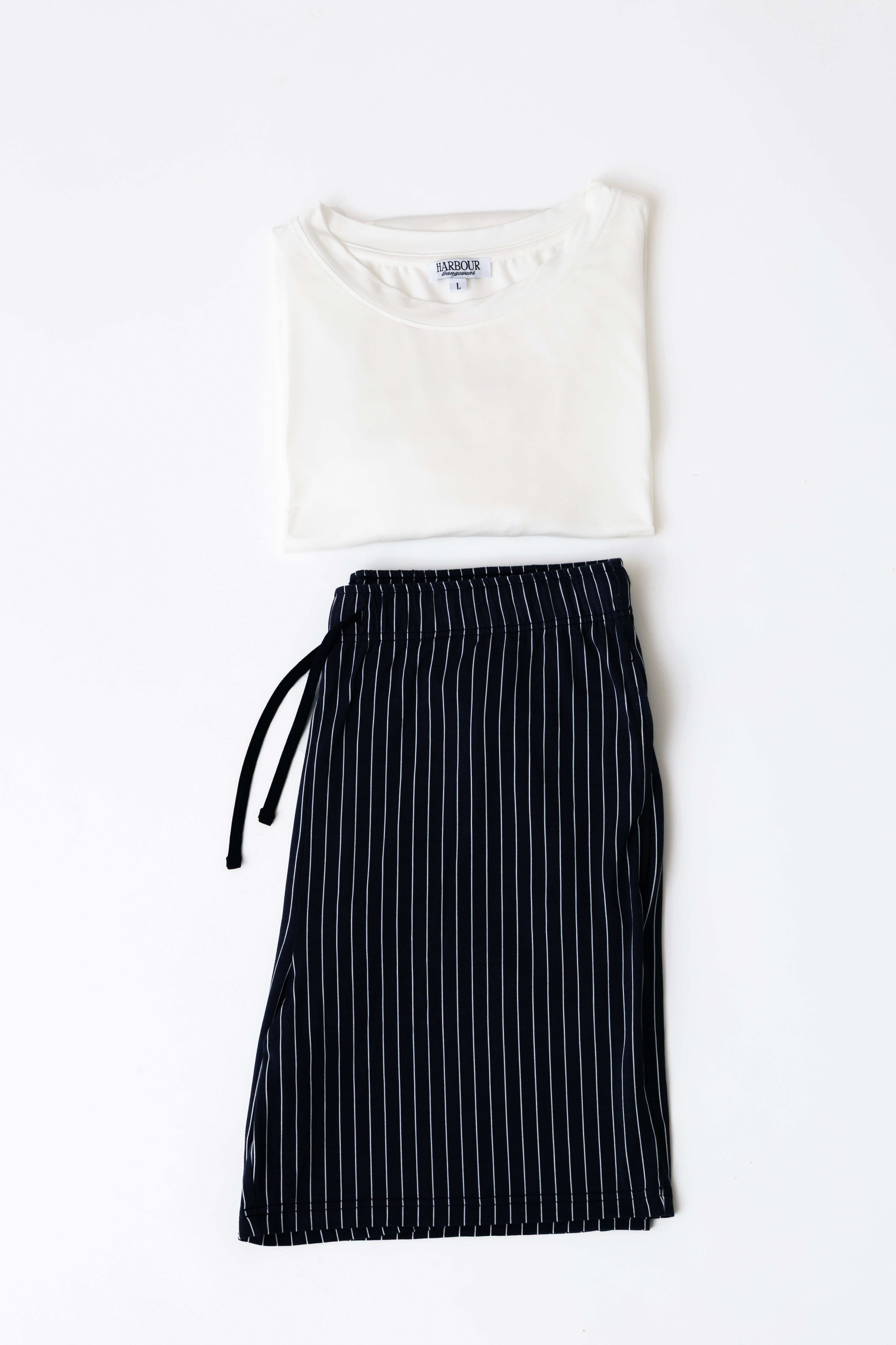 Harbour navy pinstripe modal shorts with white modal T-shirt – men’s relaxed loungewear flat lay