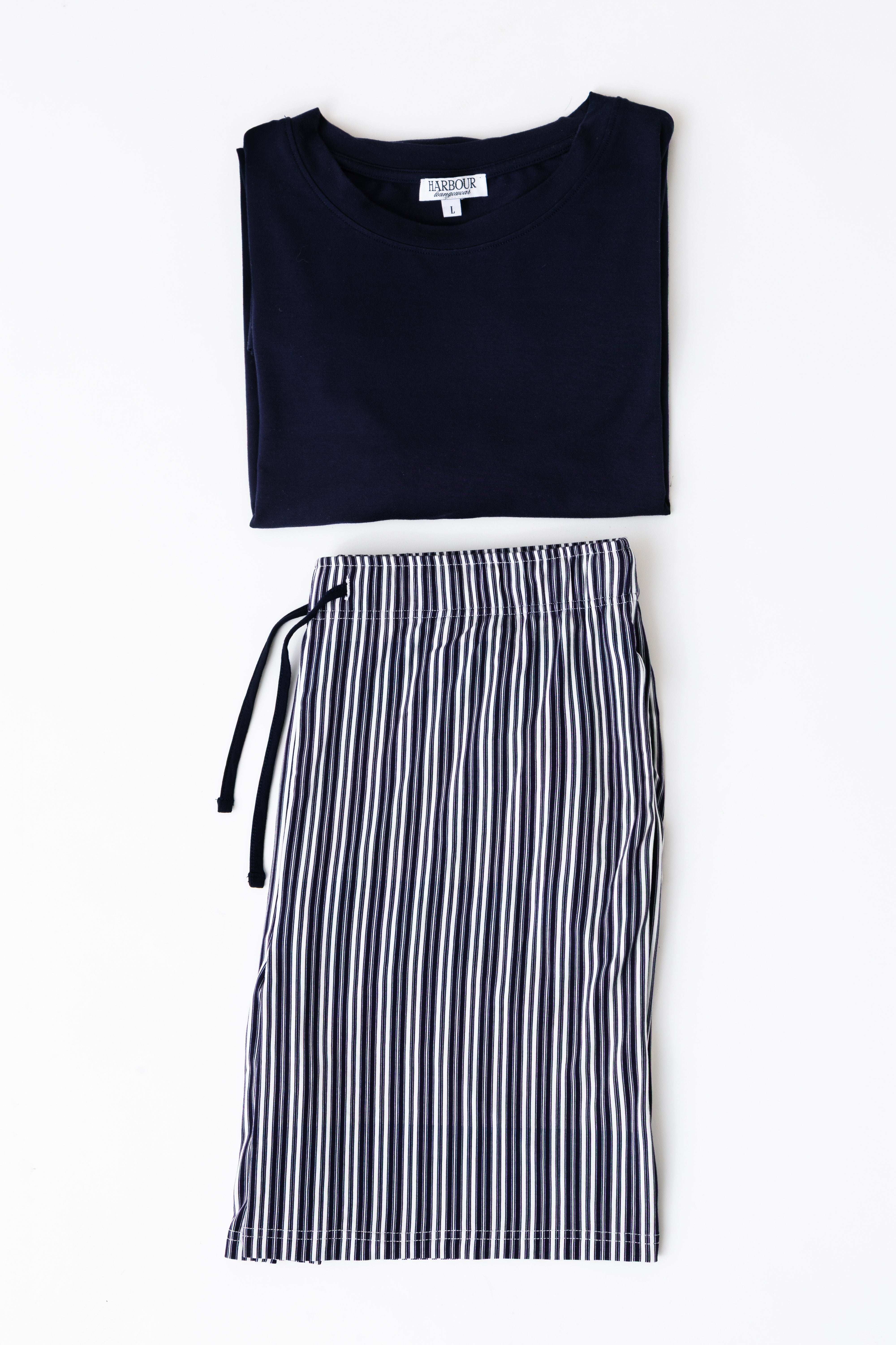Navy modal T-shirt and striped pajama shorts by Harbour – breathable men’s nightwear set