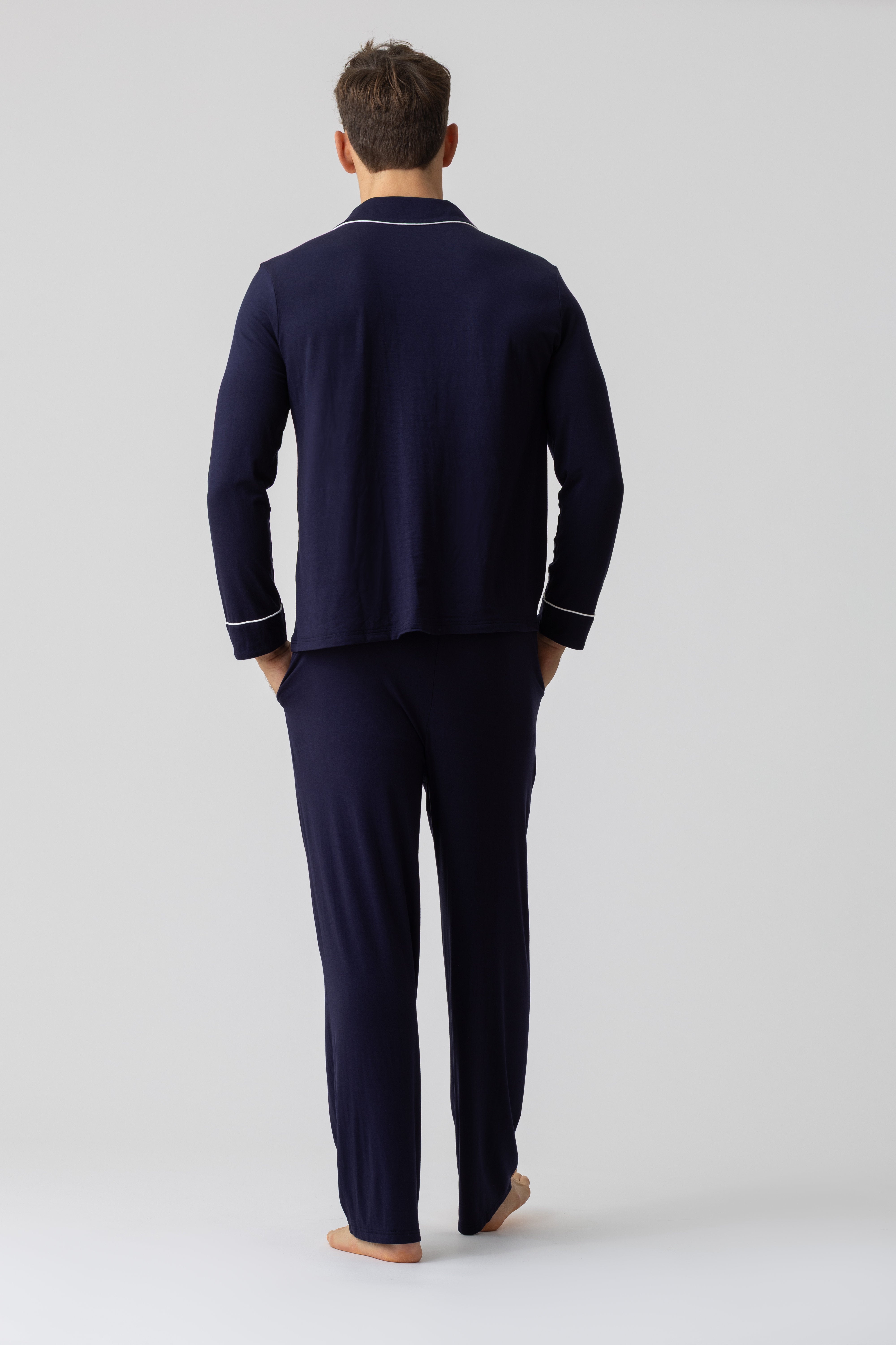 Men’s navy modal pajama set by Harbour – back view