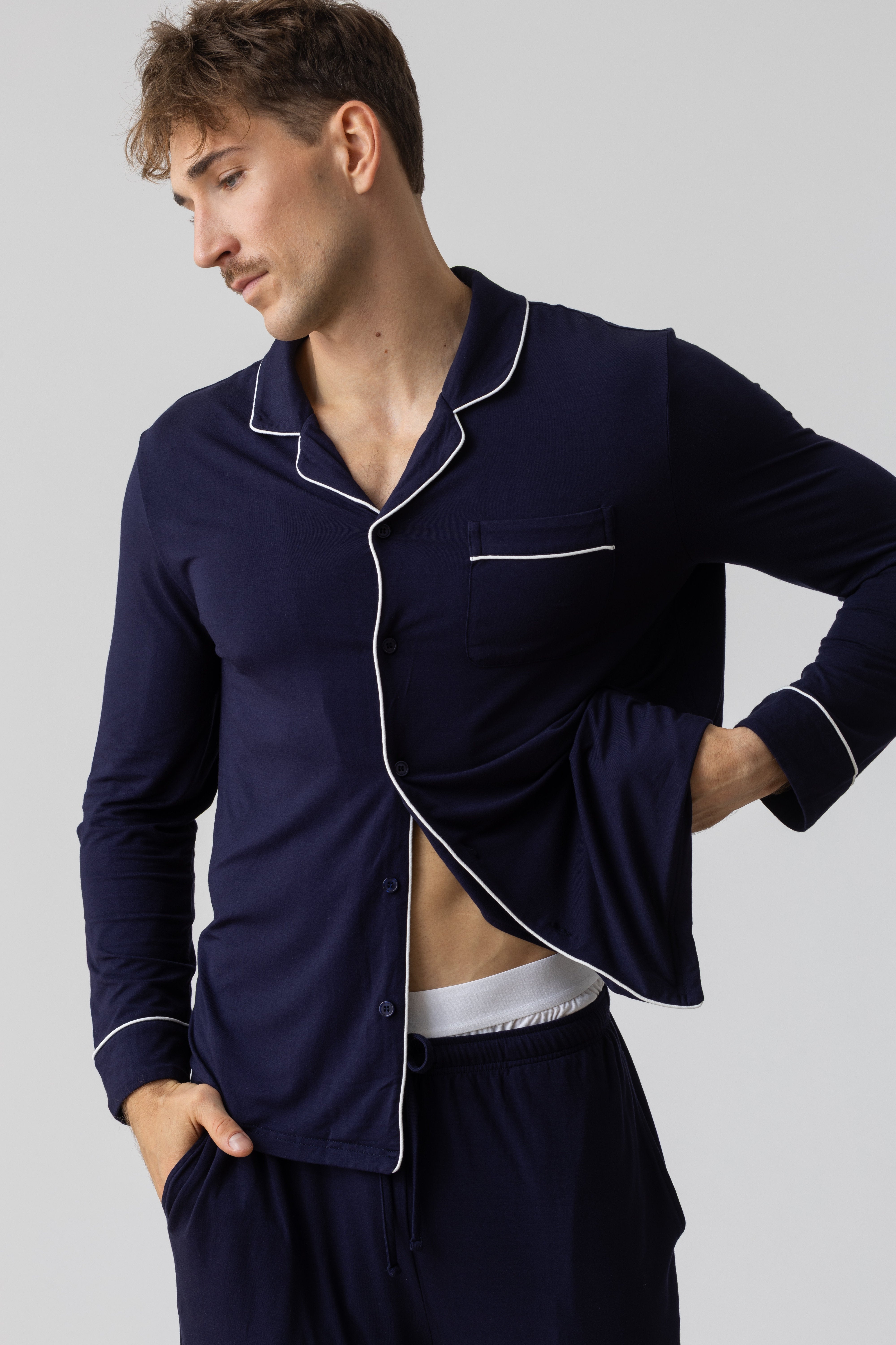Harbour men’s navy modal pajama – long sleeve shirt with white trim detail