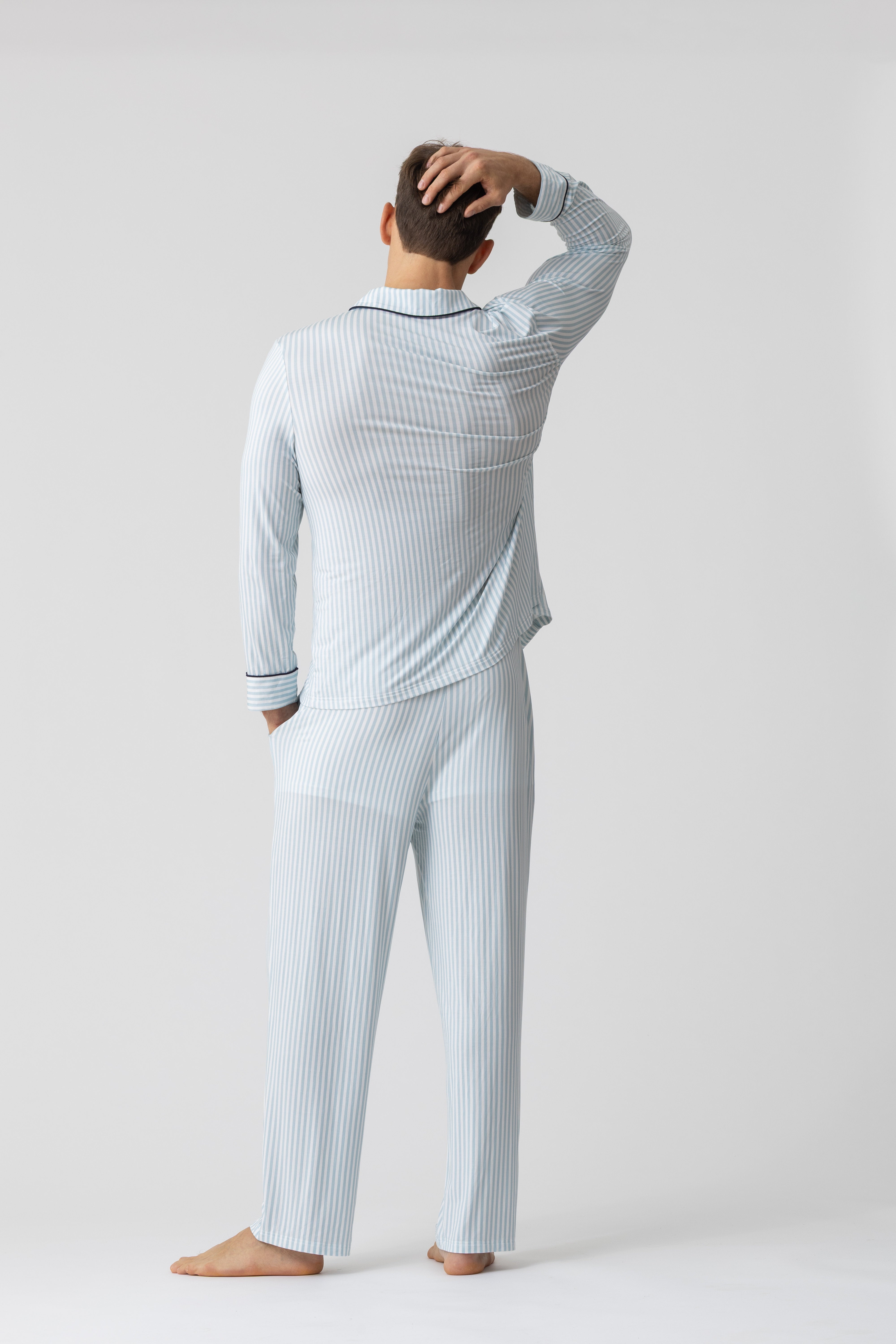 Harbour men’s striped modal pajama set – long sleeve, blue and white stripes, back view