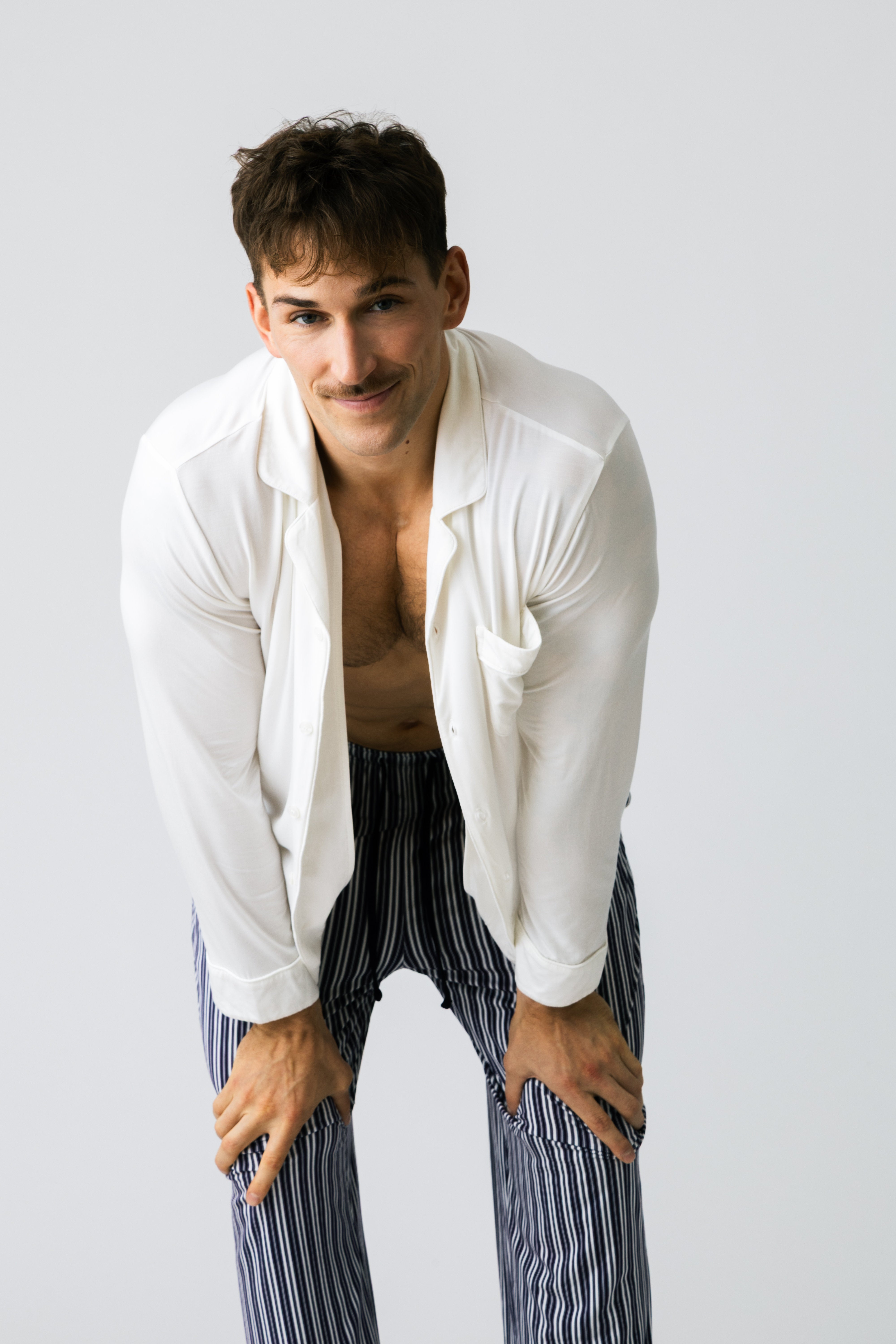 Harbour modal pajama set – detail of white shirt paired with navy pinstriped pants