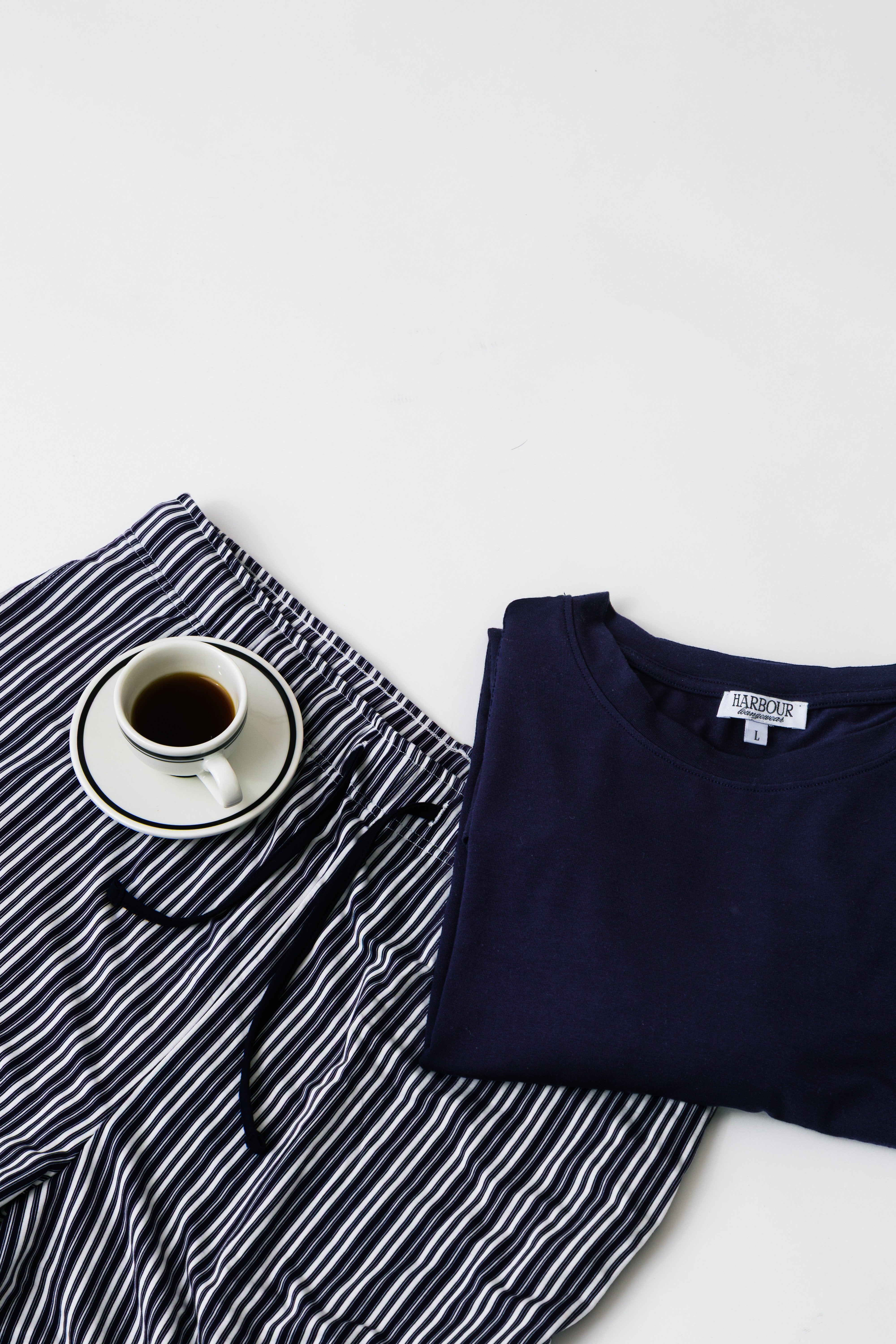 Harbour striped modal shorts with navy modal T-shirt – men’s relaxed morning loungewear flat lay