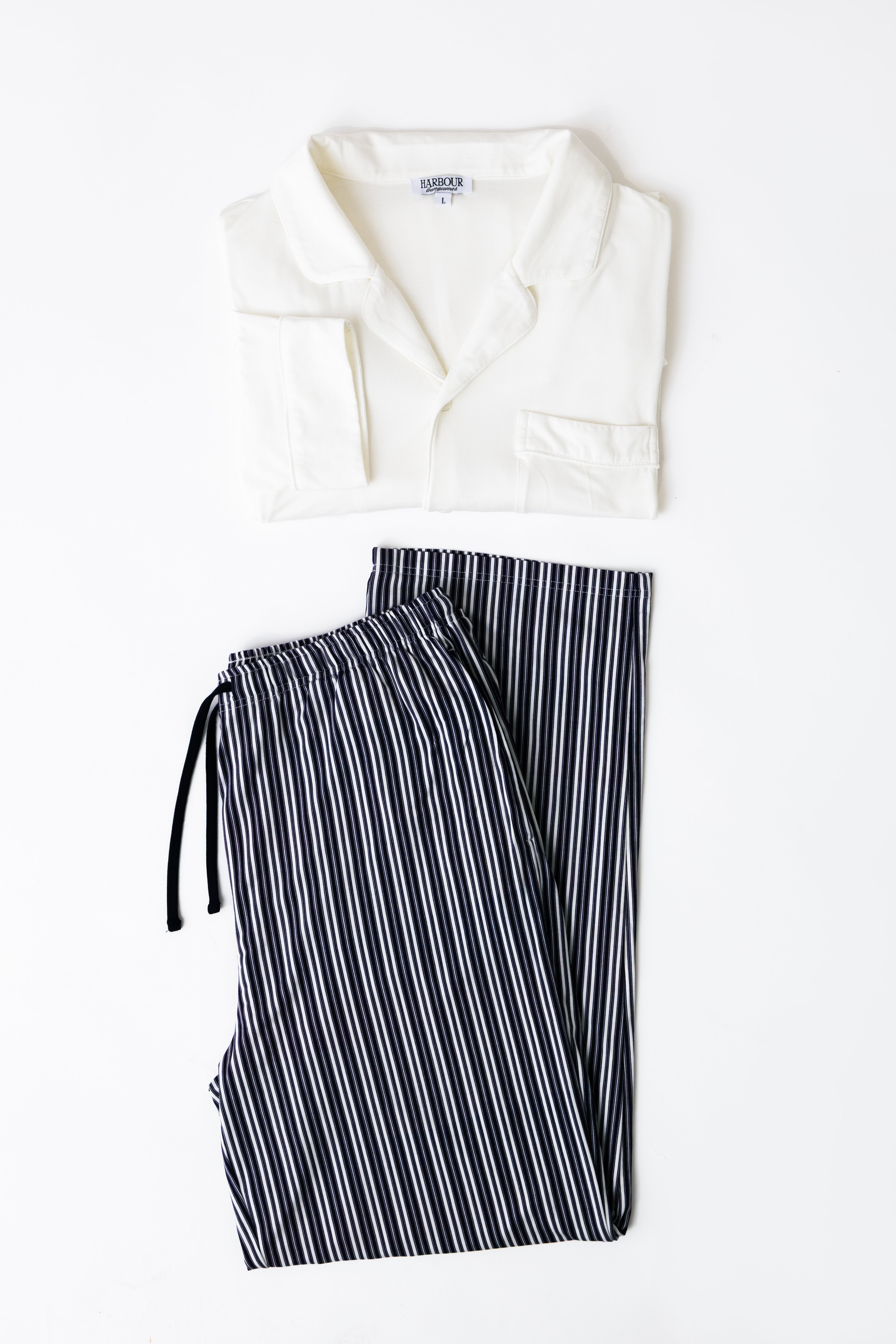 White long sleeve pajama shirt and navy pinstriped trousers by Harbour – soft breathable TENCEL Modal